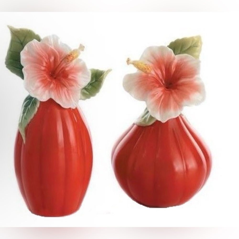 FRANZ  collection Island Red Porcelain Hibiscus Salt Pepper Shaker